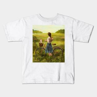 Girl with bike and cat in nature Kids T-Shirt